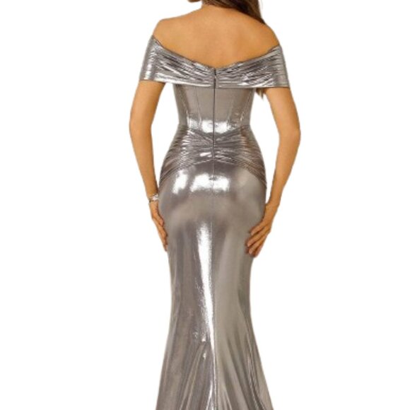 NWT Terani Couture 251E4568 Ruched Formal Gown Silver 6 - Picture 3 of 6